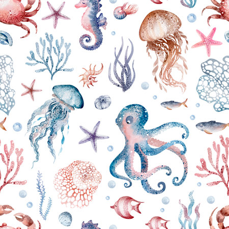 Seamless pattern with hand drawn watercolor octopus, jellyfish and corals on white backgroundの写真素材