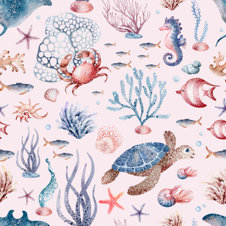 Seamless pattern with sea animals. Watercolor hand drawn illustrationの写真素材