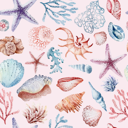 Seamless pattern with seashells and starfishes. Watercolor illustration.の写真素材