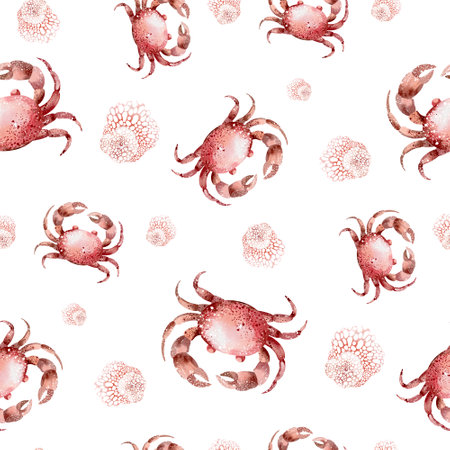 Seamless pattern with hand drawn watercolor crabs on white backgroundの写真素材