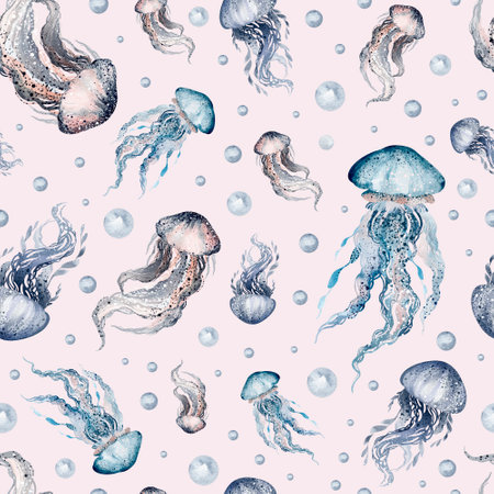 Seamless pattern with jellyfish. Hand drawn watercolor illustrationの写真素材