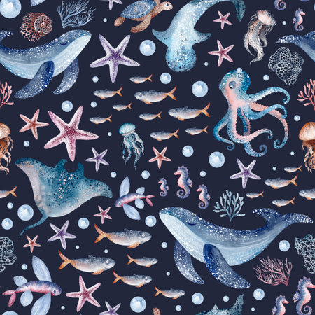 Seamless pattern with cute watercolor whalespus, starfish and corals. Marine background.の写真素材