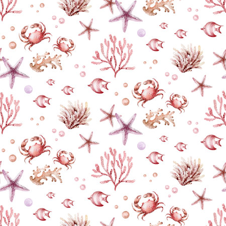 Seamless pattern with hand drawn watercolor seashells, starfish and crab.の写真素材