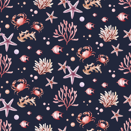 Seamless pattern with starfish, coral and crab. Watercolor illustrationの写真素材