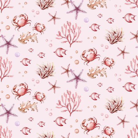 Watercolor seamless pattern with starfishes, coral and crab.の写真素材