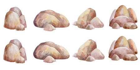 Set of watercolor stones isolated on white background. Hand drawn illustration.の写真素材