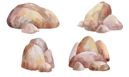 Watercolor stones set. Hand drawn illustration isolated on white background.の写真素材