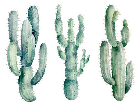 Set of cacti isolated on white background. Watercolor illustration.の写真素材