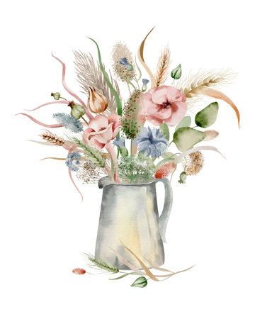 Watercolor illustration of dried flowers standing in a jug, in warm autumn colors on a white background.の写真素材