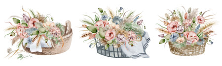 A set of watercolor illustrations of an autumn bouquet of flowers, in warm dim colors on a white background, hand-drawnの写真素材