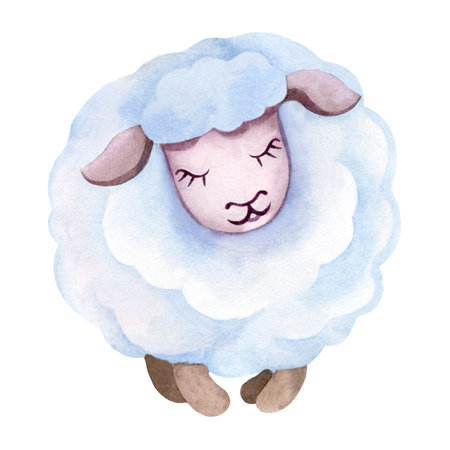 Watercolor illustration of cartoon sheep. Fluffy, sleeping animal on a white background, drawn by hand.の写真素材