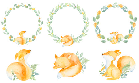 Children's round frame. Wreath of green leaves, fox, yellow flowers on a white background. Watercolor illustrationの写真素材