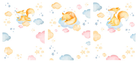 Children's frame template forest animals, fox, clouds, stars. Watercolor baby frame.の写真素材