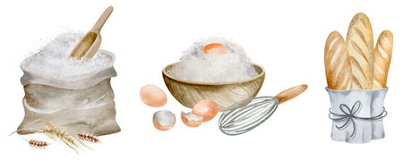 Stages of the process of making homemade bread Watercolor illustration of baking products on a white...