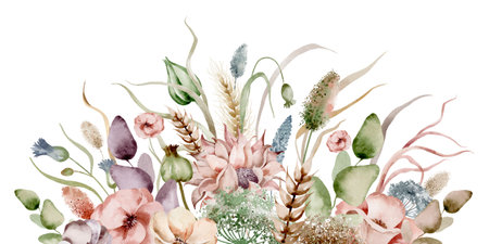 Lush floral border of wildflowers in watercolor. A hand-drawn botanical illustration depicting summer plants and herbs on an isolated background. Plant composition for postcards,の写真素材