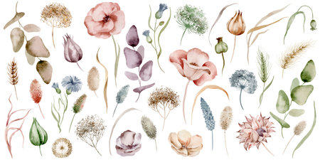 Set of wild flowers and plants on an isolated background. Watercolor set of botanical vegetation herbs, hand drawn. Dry plants clipart. Autumn assortment of foliage.の写真素材