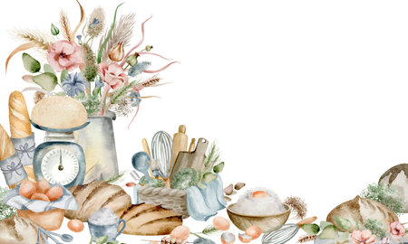 Frame bakery food on the table. Watercolor rural still life with bread, flowers and products. Vintage menu and cookbook design. Homemade baked goods from traditional cuisine.の写真素材