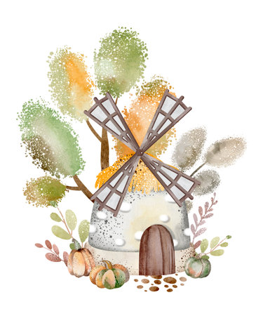 Windmill watercolor illustration. Cartoon will of rustic nature. The windmill, pumpkins and tree are hand drawn. Countryside backyard on white background.の写真素材