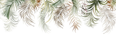 Tropical leaves background. Colorful foliage of palm tree. Hand drawn illustration.の写真素材
