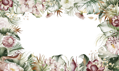 Watercolor vector frame with tropical leaves and flowers. Illustration for your designの写真素材