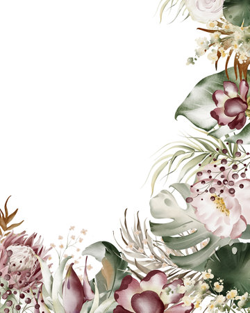 Watercolor summer frame with flowers. Handmade. Illustration.の写真素材