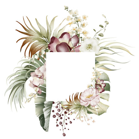 Watercolor floral frame. Tropical flowers, plants, palm leaf, orchid. Botanical background for invitation and wedding card. Exotic jungle plants.の写真素材