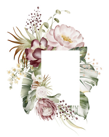Watercolor floral frame. Tropical flowers, plants, palm leaf, orchid. Botanical background for invitation and wedding card. Exotic jungle plants.の写真素材