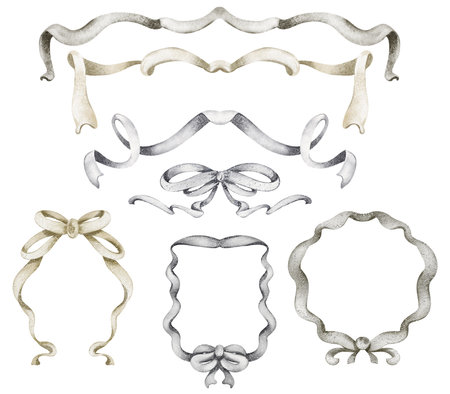 Watercolor hand drawn set of vintage ribbons and bows isolated on white backgroundの写真素材