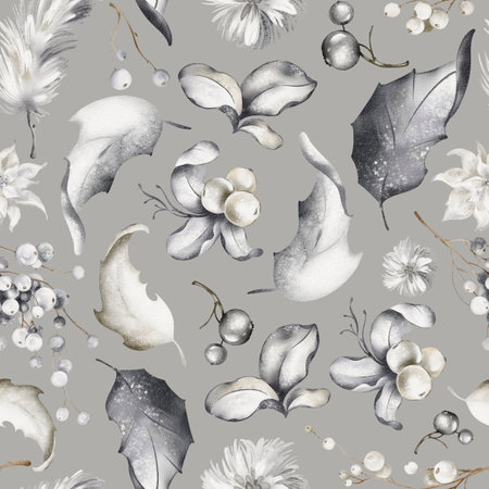 Christmas watercolor seamless pattern. Botanical winter drawing of berries, leaves, snowy plants on gray background. Festive New Year design for packaging and textile.の写真素材