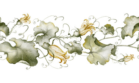 Watercolor plant border with leaf details. Seamless pattern of hand-drawn pumpkin vines and leaves. Repetitive botanical illustration of foliage. For autumn decor, invitations, and seasonal designs.の写真素材