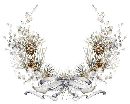 Christmas Watercolor wreath of spruce, cones and white berries. Charme Xmas white snowy chaplet isolated on white background. Winter holidays design greeting card, poster, template. Space for text.の写真素材