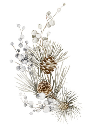 Watercolor Christmas spruce branch with berries and cones. Xmas bouquet isolated on white background. Snowy pine branches, pinecone. Winter holiday decoration hand-drawn for designの写真素材