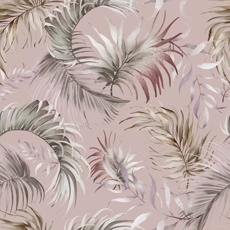 Dry Palm Leaves Pattern. Seamless background with tropical fronts in Boho style. Hand drawn watercolor coconut treeon beige backdrop for wallpaper or textile design. Ornament for print.の写真素材