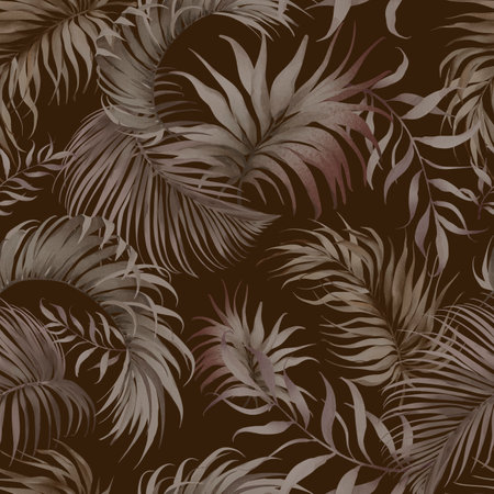 Dry Palm Leaves Pattern. Seamless background with tropical fronts in Boho style. Hand drawn watercolor coconut treeon beige backdrop for wallpaper or textile design. Ornament for print.の写真素材