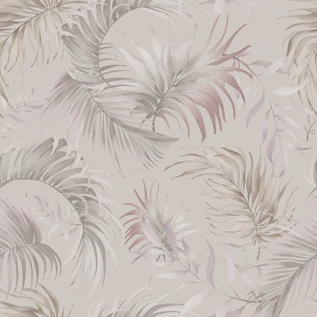 Dry Palm Leaves Pattern. Seamless background with tropical fronts in Boho style. Hand drawn watercolor coconut treeon beige backdrop for wallpaper or textile design. Ornament for print.の写真素材