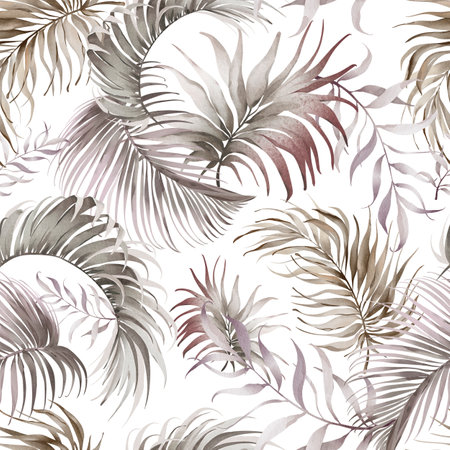 Dry Palm Leaves Pattern. Seamless background with tropical fronts in Boho style. Hand drawn watercolor coconut treeon beige backdrop for wallpaper or textile design. Ornament for print.の写真素材