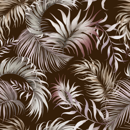 Dry Palm Leaves Pattern. Seamless background with tropical fronts in Boho style. Hand drawn watercolor coconut treeon beige backdrop for wallpaper or textile design. Ornament for print.の写真素材