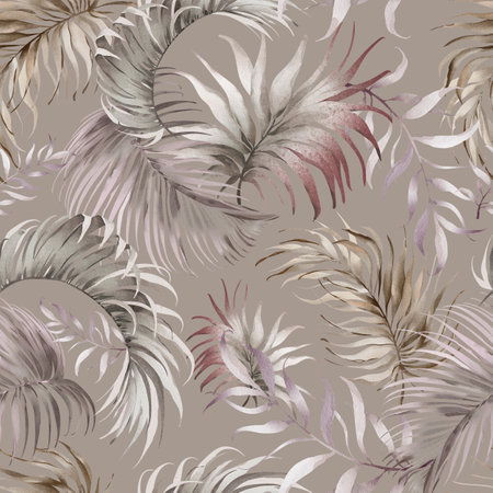 Dry Palm Leaves Pattern. Seamless background with tropical fronts in Boho style. Hand drawn watercolor coconut treeon beige backdrop for wallpaper or textile design. Ornament for print.の写真素材