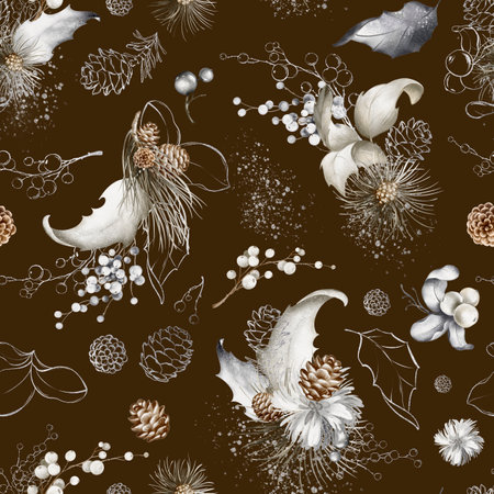 Seamless Christmas Plants Design. Watercolor design Hand-drawn with berries, branches, and leaves on a dark background. Perfect for festive backgrounds and winter designs. Cute Design gift wrap.の写真素材