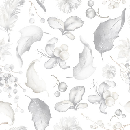 Seamless Christmas Flowers Design. Watercolor design Hand-drawn with berries, branches, and holly on a pale background. Perfect for festive backgrounds and winter designs. Cute Design gift wrap.の写真素材