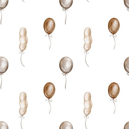 Air Balloons Watercolor in Boho style seamless background. Hand drawn child backdrop for birthday packaging wallpaper design. Minimalism kids ornament. Variety round elements balloons.の写真素材