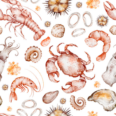 Seamless pattern with hand drawn watercolor shrimps and shellsの写真素材