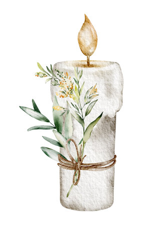Watercolor illustration Candle with a sprig of green plant. Hand drawn drawing of holiday religiou interior decoration. Candlelight on isolated background for greeting cards for cosmetic or medicine.の写真素材