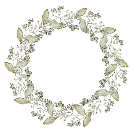 Watercolor wreath greenery. Hand drawn botanical round Frame with foliage on isolated background for greeting cards or invitations. Herbal Decoration for Wedding cards.の写真素材