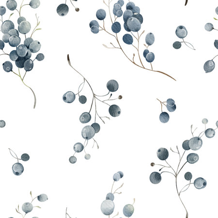Grape Seamless Pattern with black rowan. Watercolor background Hand-drawn ornament with violet berries. Backdrop with branches for textile design or wrapping paper.の写真素材