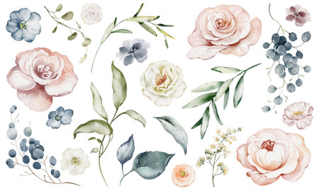Watercolor Flower clip art leaves, flowers buds on isolated background. Hand-drawn set exotic illustration silhouettes plants. Botanical elements berries grape, green foliage for icon or logo.の写真素材