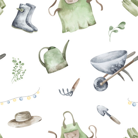 Watercolor seamless gardening tools Pattern with implement and garden tools. Wallpaper with boots, apron and a hat for background or wrapping paper. Backdrop with tackle hobby for textile.の写真素材