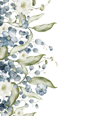 Grape Frame with green plant on isolated background. Watercolor Botanical border of template with bilberry for wedding invitation cards. Hand-drawn elegant banner with black rowan for postcards.の写真素材