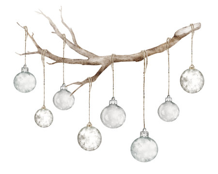 Watercolor Christmas tree branches with balls. Hand painted illustration on white backgroundの写真素材