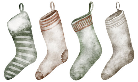 Set of Christmas socks on a white background. Watercolor illustration.の写真素材
